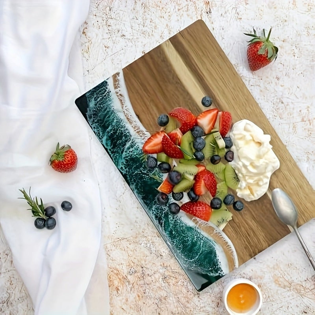 Acacia Wood Resin Chopping Board With Ocean Inlay Charcuterie And Cheese Serving Board - Image 2