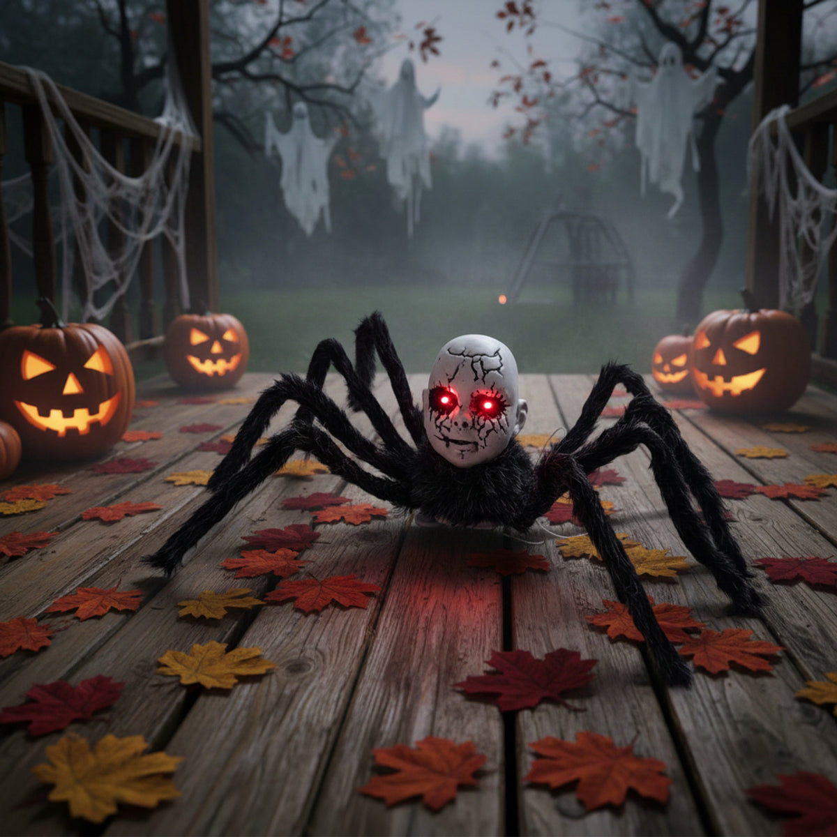 Animatronic Halloween Prop Spider With Doll Face And Glowing Red Eyes For Creepy Decor - Image 1