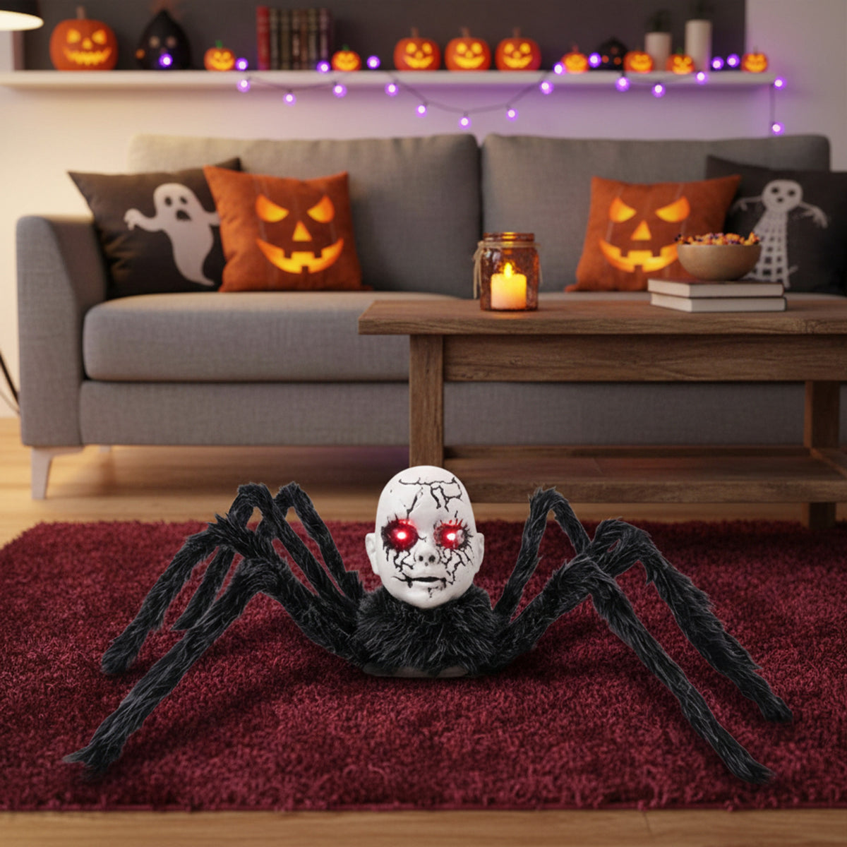 Animatronic Halloween Prop Spider With Doll Face And Glowing Red Eyes For Creepy Decor - Image 3
