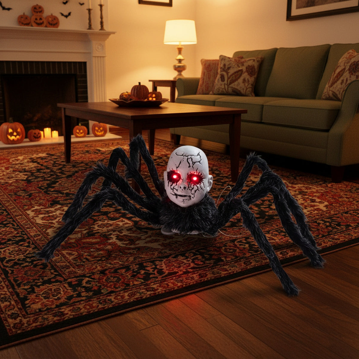 Animatronic Halloween Prop Spider With Doll Face And Glowing Red Eyes For Creepy Decor - Image 2
