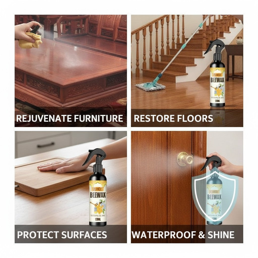 beeswax polish spray shown in multiple settings
