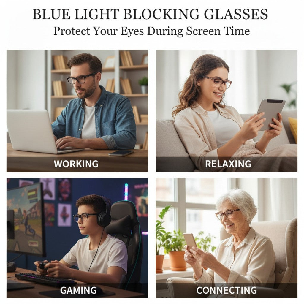 blue light reading glasses shown in multiple settings