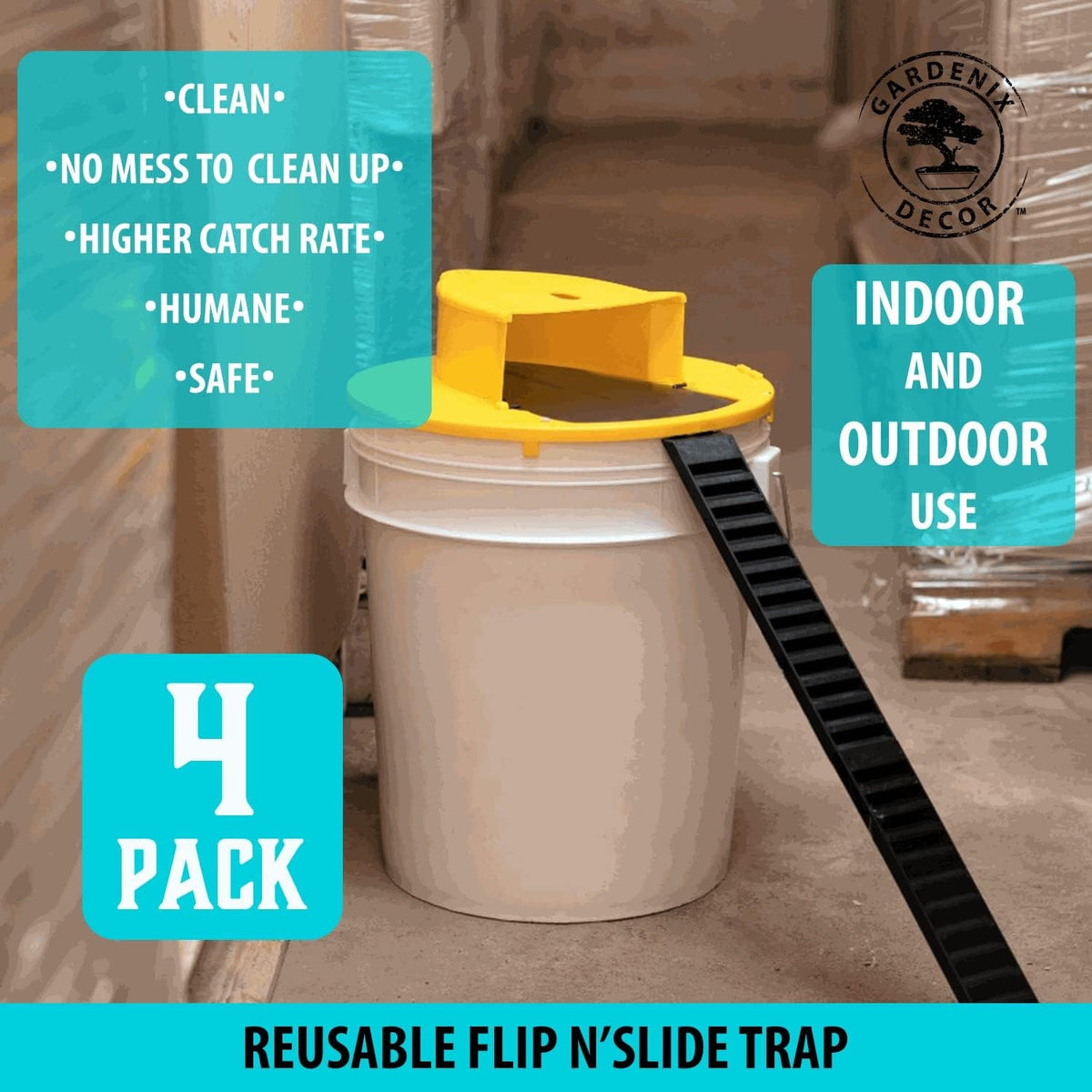 Bucket Lid Mouse Trap Flip Slide Humane Rat 4 Pack Yellow Black Plastic - Image 2