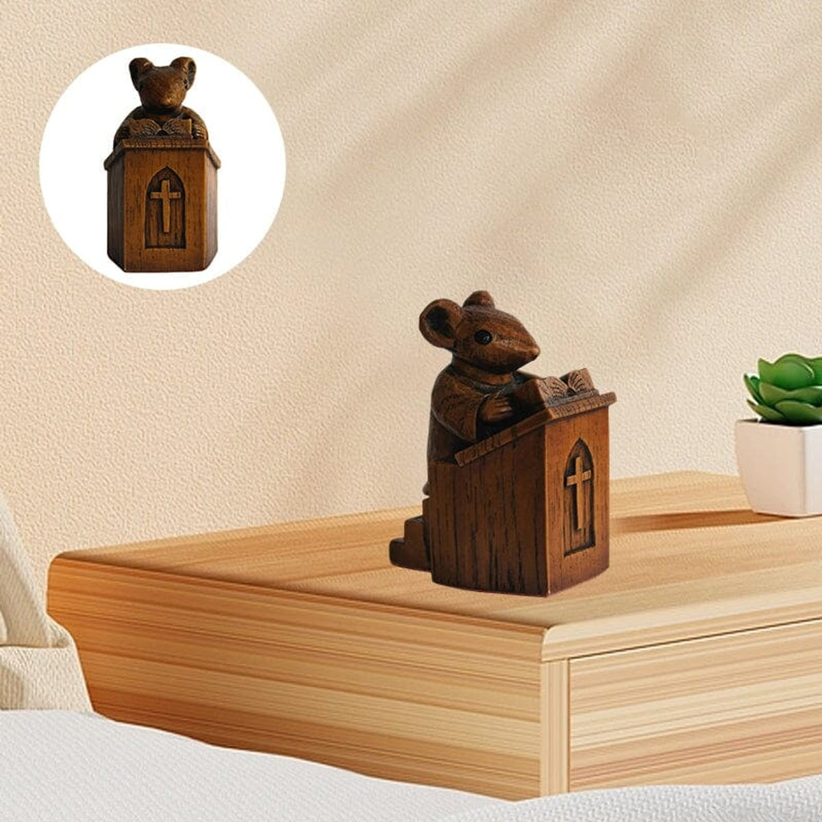 Church Mouse Figurine Reading Podium Statue Brown Wood Look Decor Cross - Image 1