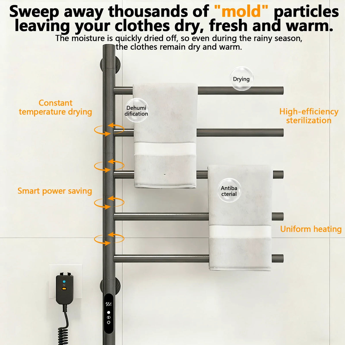 Electric Heated Towel Rack Wall Mounted Stainless Steel With Digital Control And IPX4 Water Resistance - Image 4