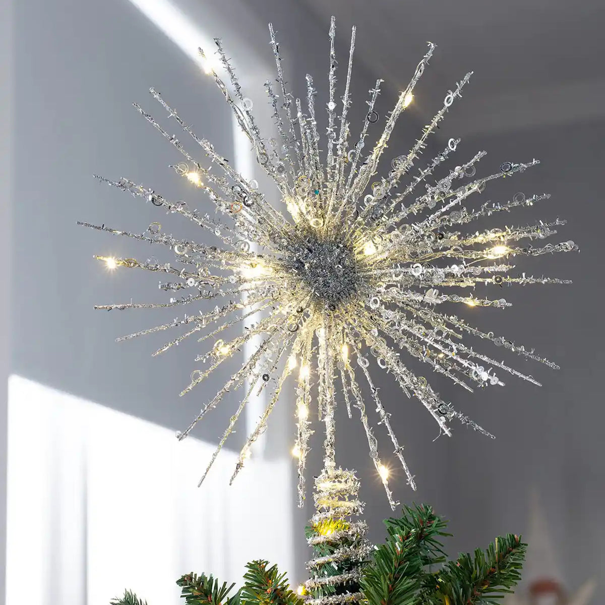 Glittering Starburst Christmas Tree Topper With Warm White LED Lights - Image 5
