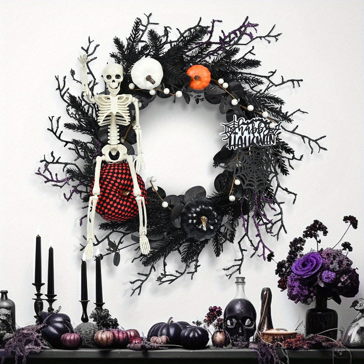 Gothic Halloween Wreath With Poseable Skeleton And Pumpkin Door Decor For Halloween Decor - Image 1