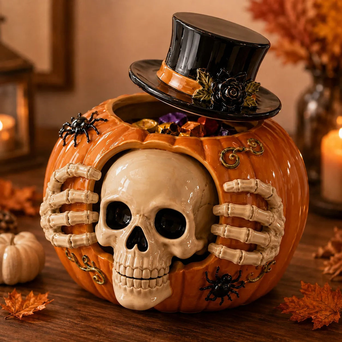 Halloween Candy Jar Featuring A Skull Pumpkin Design With Top Hat And Skeleton Hands Decorative Ceramic Container For Treats And Seasonal Displays - Image 2