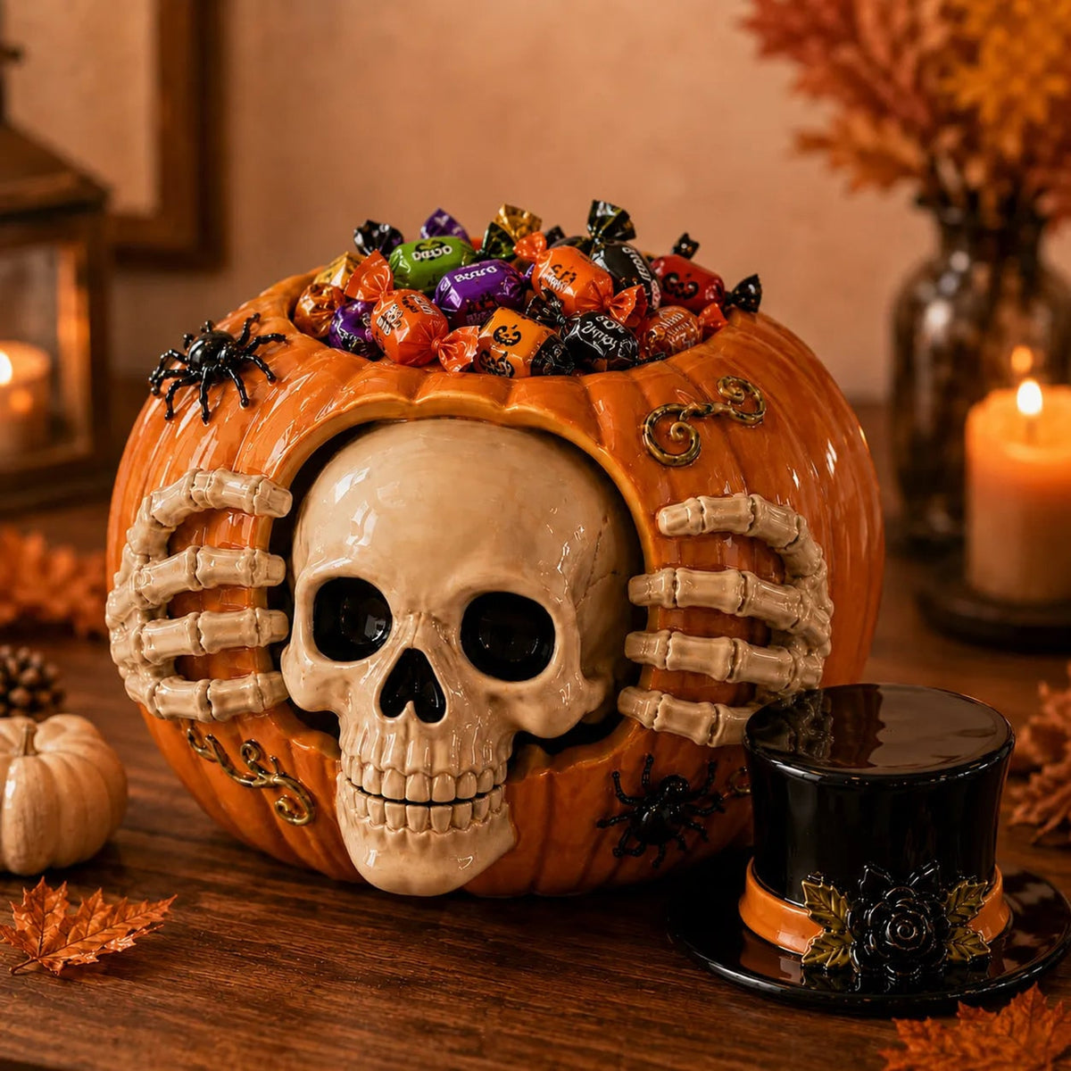 Halloween Candy Jar Featuring A Skull Pumpkin Design With Top Hat And Skeleton Hands Decorative Ceramic Container For Treats And Seasonal Displays - Image 3