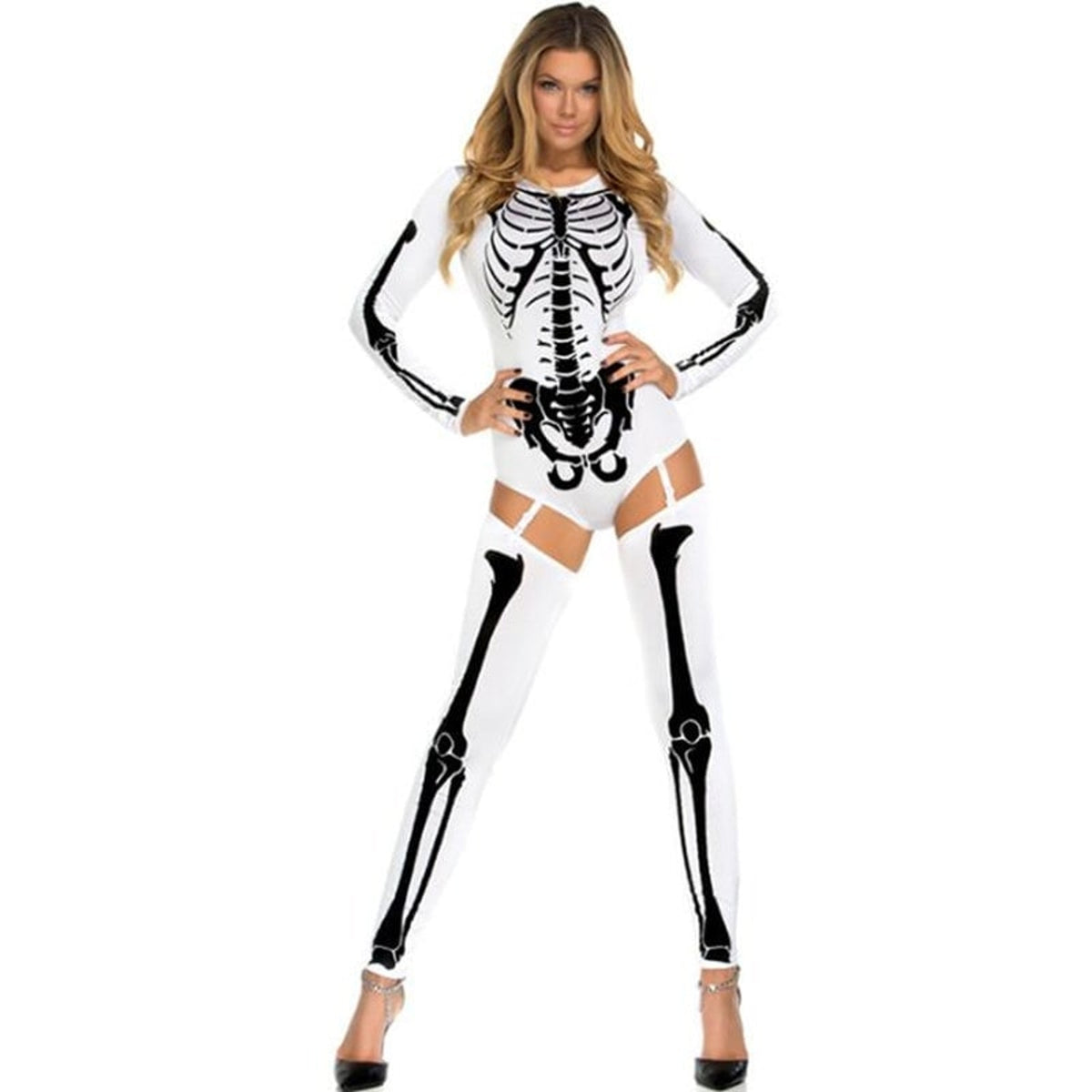 Halloween Costume Outfit Skeleton Bodysuit And Thigh-High Leggings For Party Form-Fitting Long-Sleeve With Striking Bone Print - Image 3