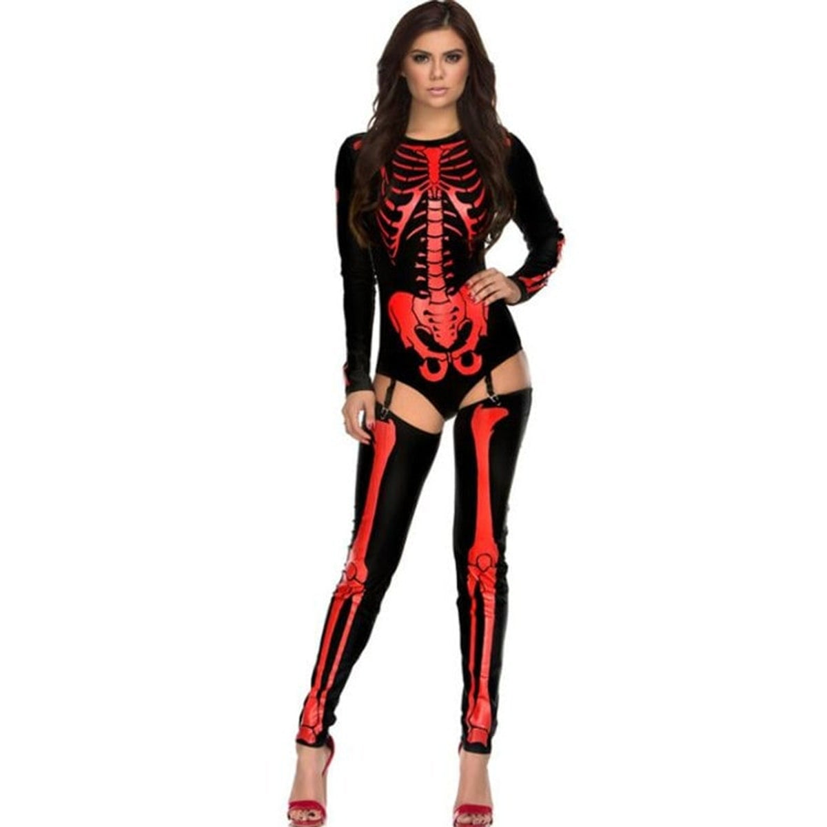 Halloween Costume Outfit Skeleton Bodysuit And Thigh-High Leggings For Party Form-Fitting Long-Sleeve With Striking Bone Print - Image 4