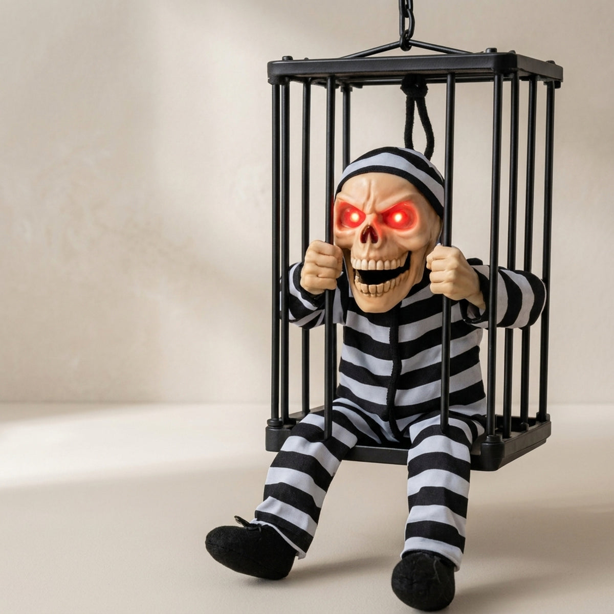 Halloween Decoration Animated Skeleton In Cage With Infrared Motion Sensor And Glowing Red Eyes Battery Operated Decor - Image 1