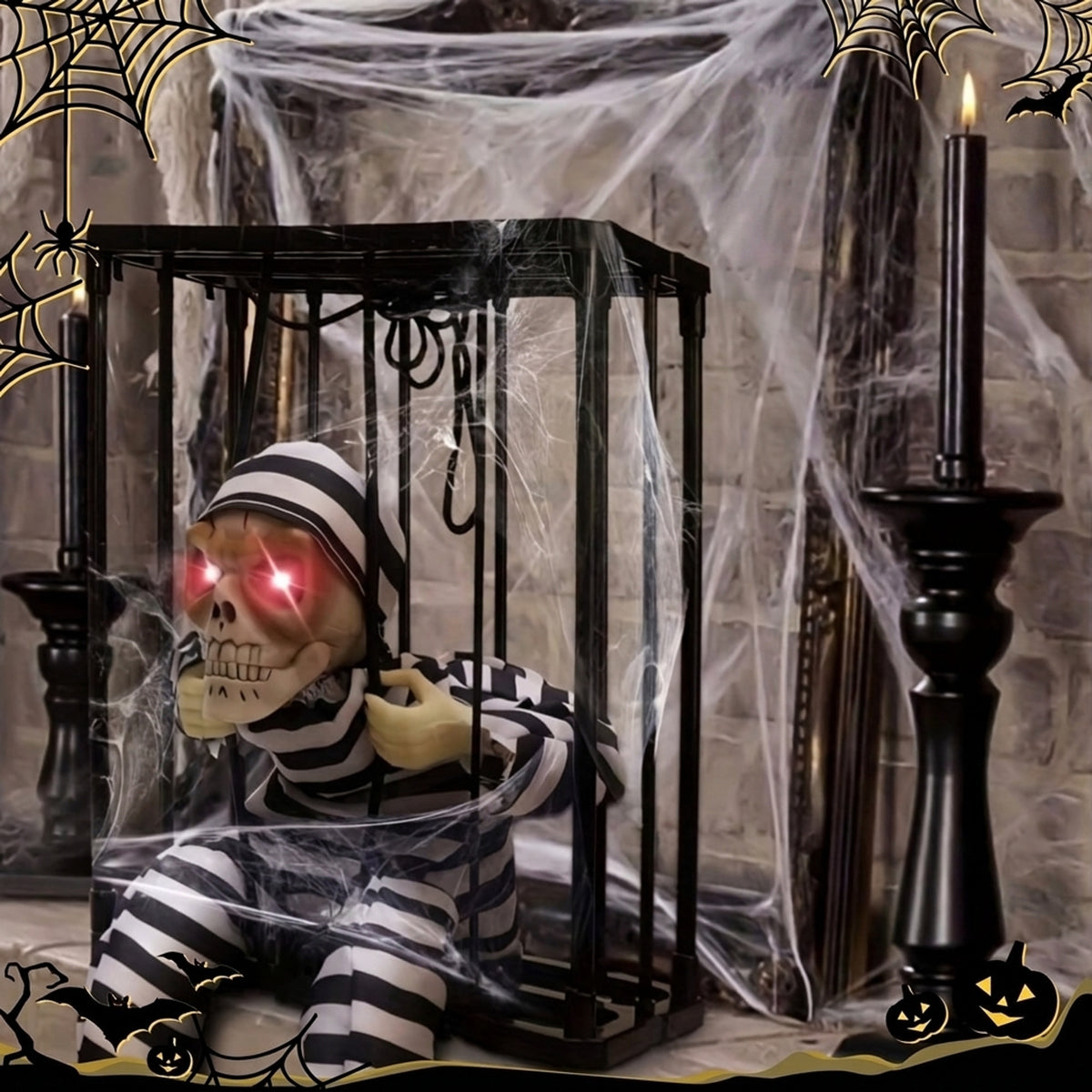 Halloween Decoration Animated Skeleton In Cage With Infrared Motion Sensor And Glowing Red Eyes Battery Operated Decor - Image 4