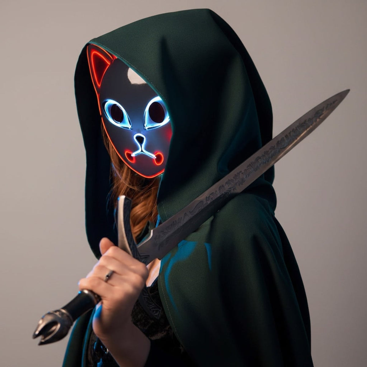 Halloween Mask LED Fox With Japanese Demon Design Cosplay Party Costume And Integrated EL Wire - Image 12