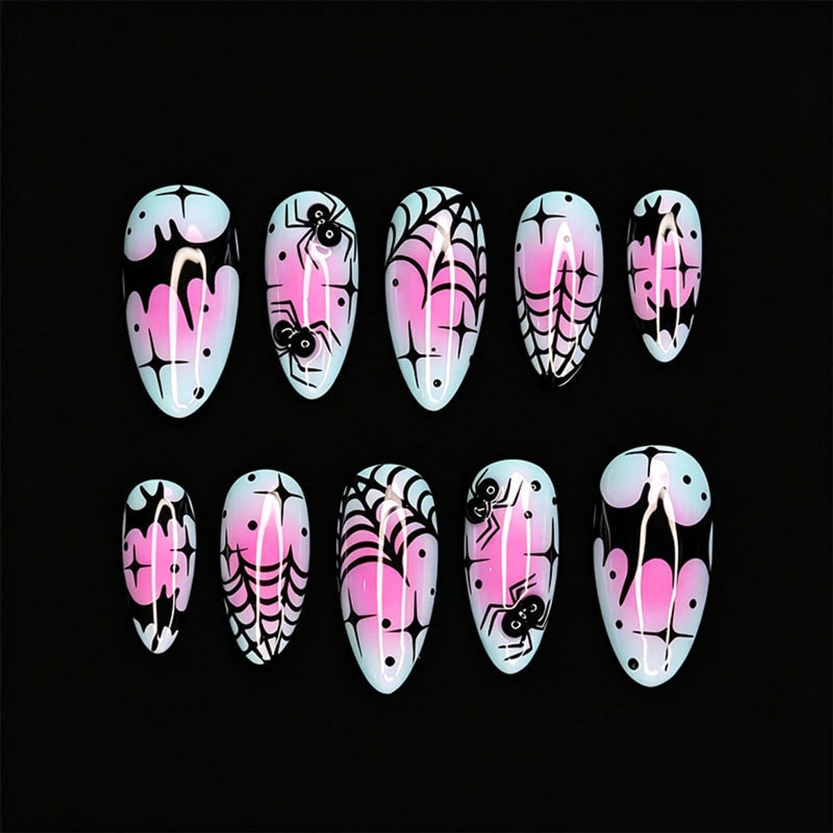 Halloween Press On Nails Art Fake With Bats Spiders And Spiderweb Designs - Image 1