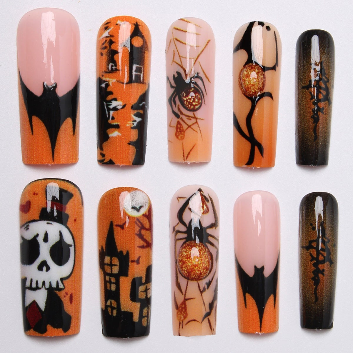 Halloween Press On Nails Coffin Shaped Fake With Spiders Bats Skulls And Haunted House Designs - Image 4