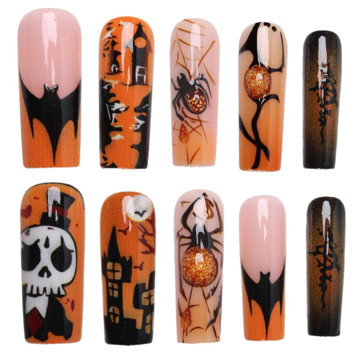 Halloween Press On Nails Coffin Shaped Fake With Spiders Bats Skulls And Haunted House Designs - Image 5