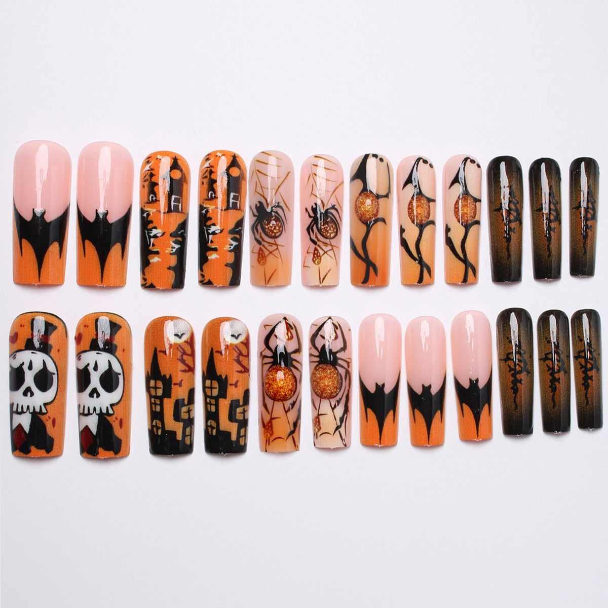 Halloween Press On Nails Coffin Shaped Fake With Spiders Bats Skulls And Haunted House Designs - Image 2