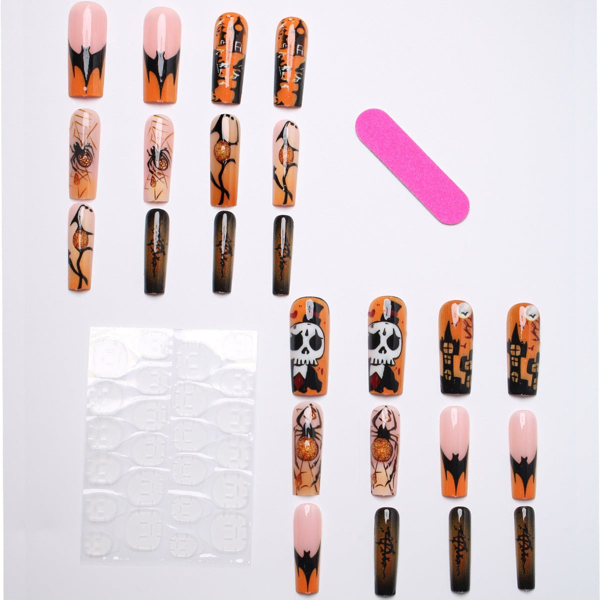 Halloween Press On Nails Coffin Shaped Fake With Spiders Bats Skulls And Haunted House Designs - Image 3