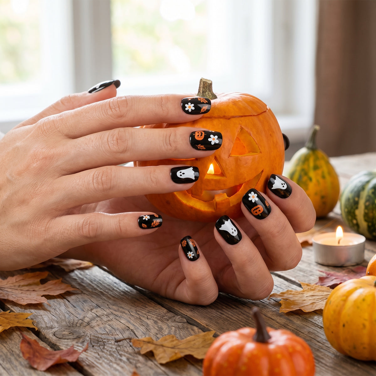 Halloween Press On Nails In Black White Orange With Ghost Pumpkin Floral Art Designs Almond Shaped Fake Tips - Image 2