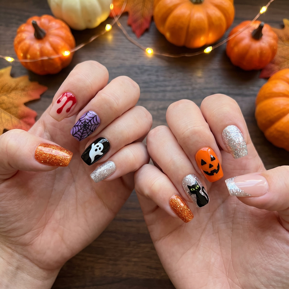Halloween Press On Nails Set With Spooky Ghost Pumpkin Spiderweb And Black Cat Designs - Image 2
