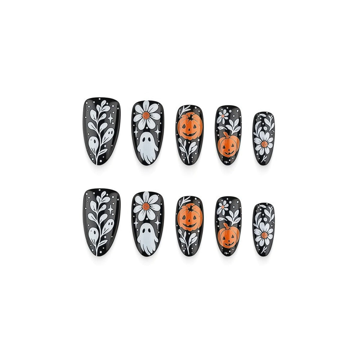 Halloween Press On Nails In Black White Orange With Ghost Pumpkin Floral Art Designs Almond Shaped Fake Tips - Image 4