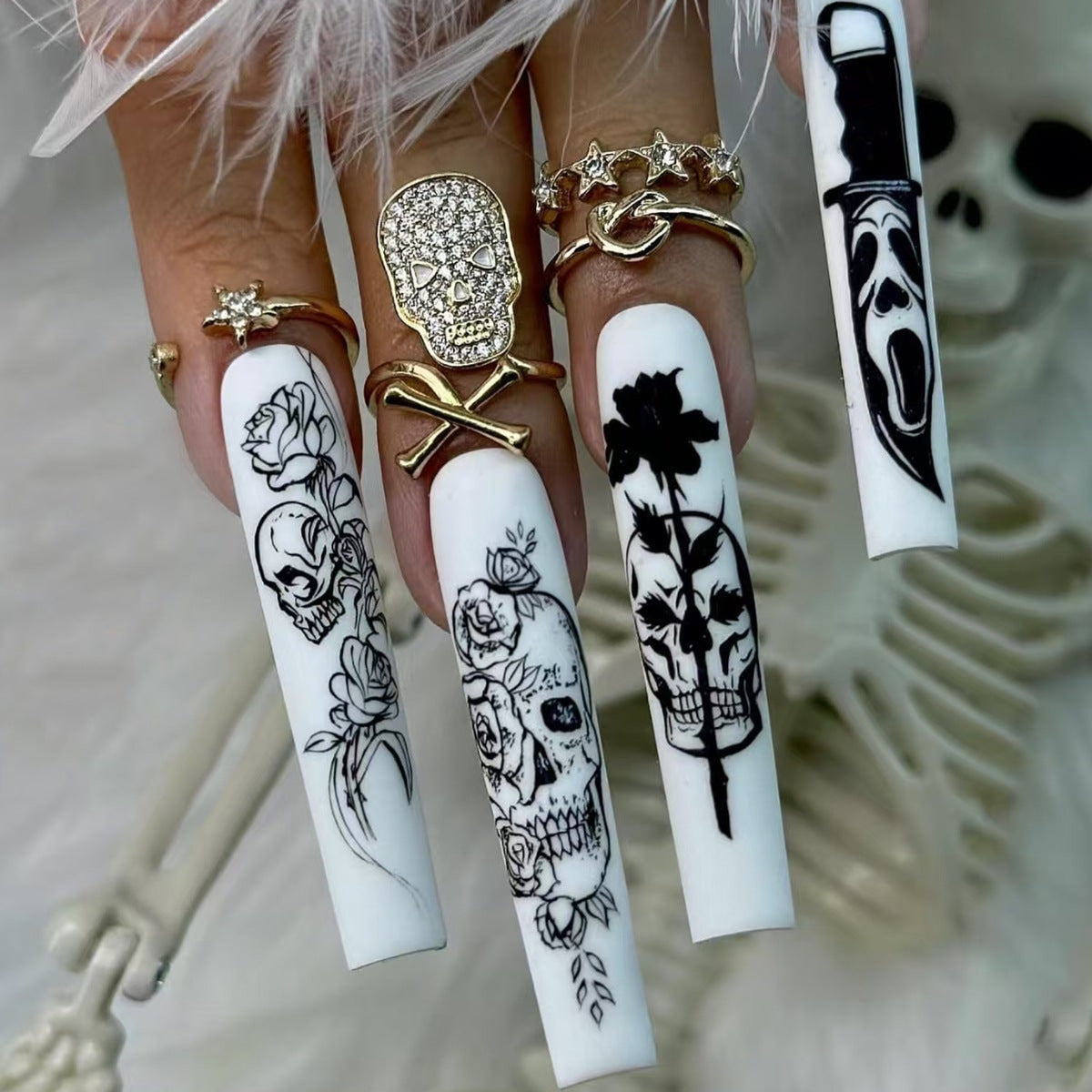Halloween Press On Nails Long Coffin Shape Skull And Ghostface Designs - Image 3