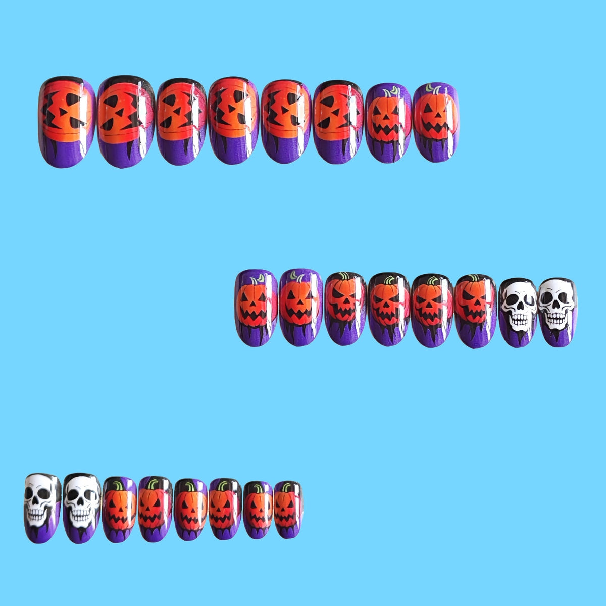 Halloween Press On Nails Purple Orange Pumpkin Skull Designs Fake Art Tips - Image 2