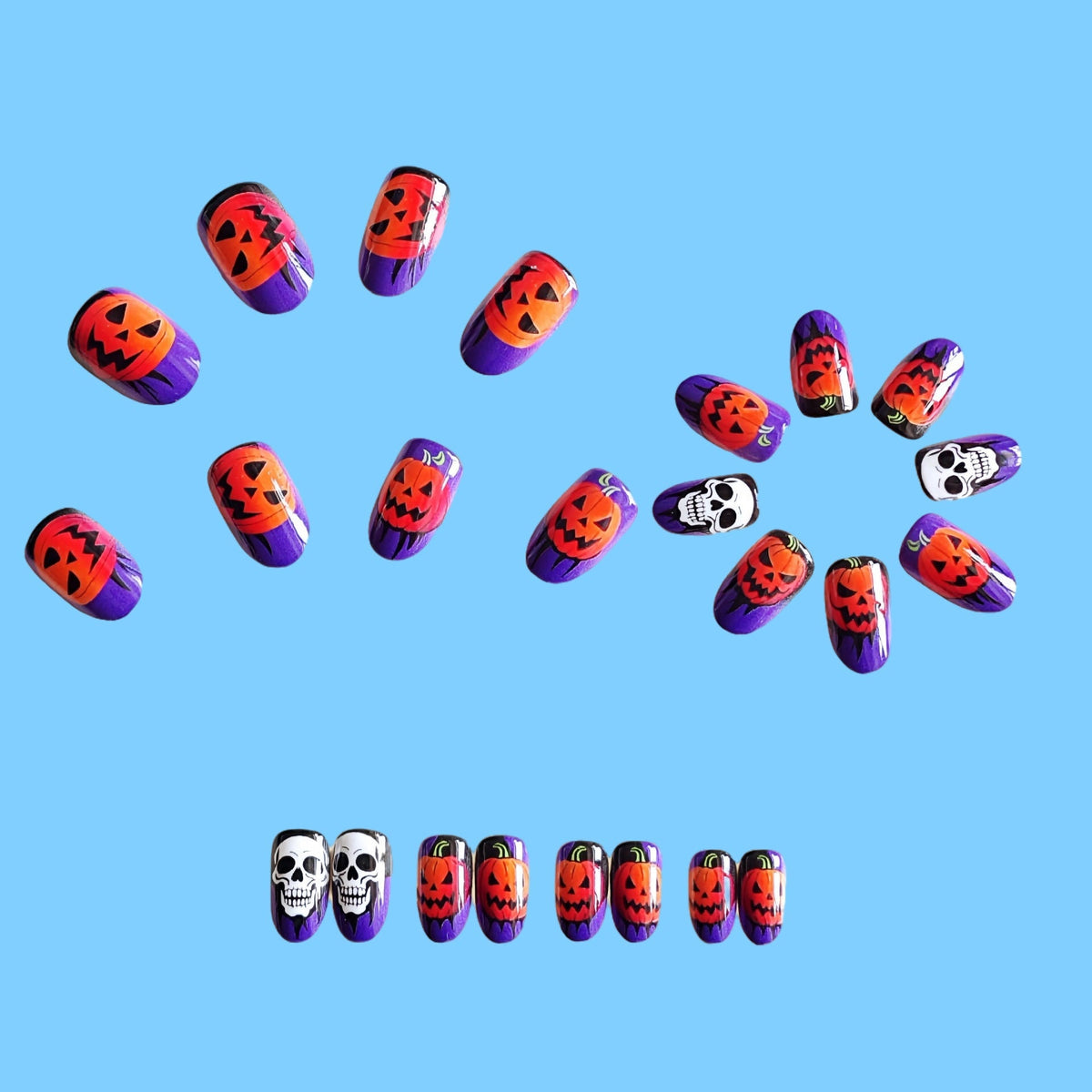 Halloween Press On Nails Purple Orange Pumpkin Skull Designs Fake Art Tips - Image 3
