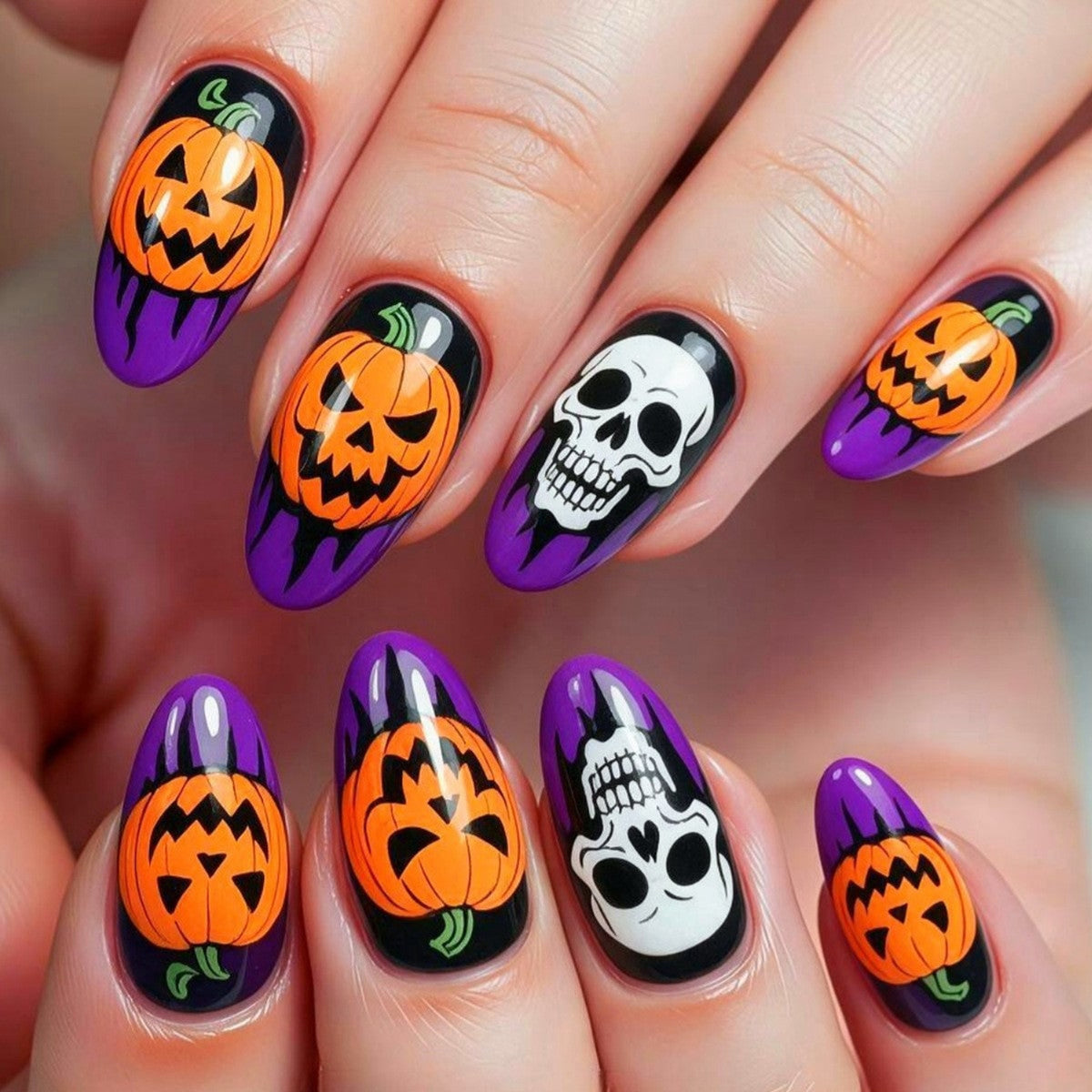 Halloween Press On Nails Purple Orange Pumpkin Skull Designs Fake Art Tips - Image 1