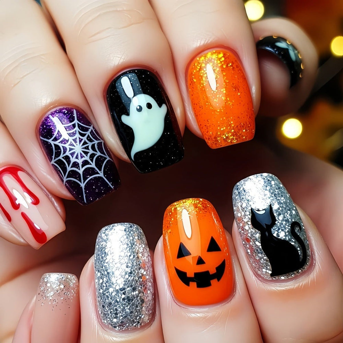 Halloween Press On Nails Set With Spooky Ghost Pumpkin Spiderweb And Black Cat Designs - Image 1