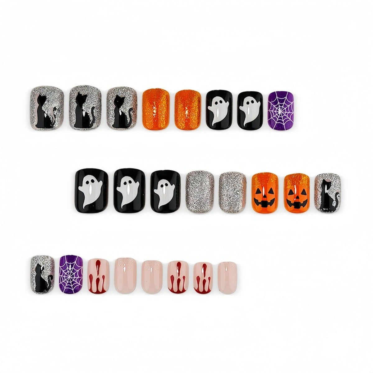 Halloween Press On Nails Set With Spooky Ghost Pumpkin Spiderweb And Black Cat Designs - Image 3