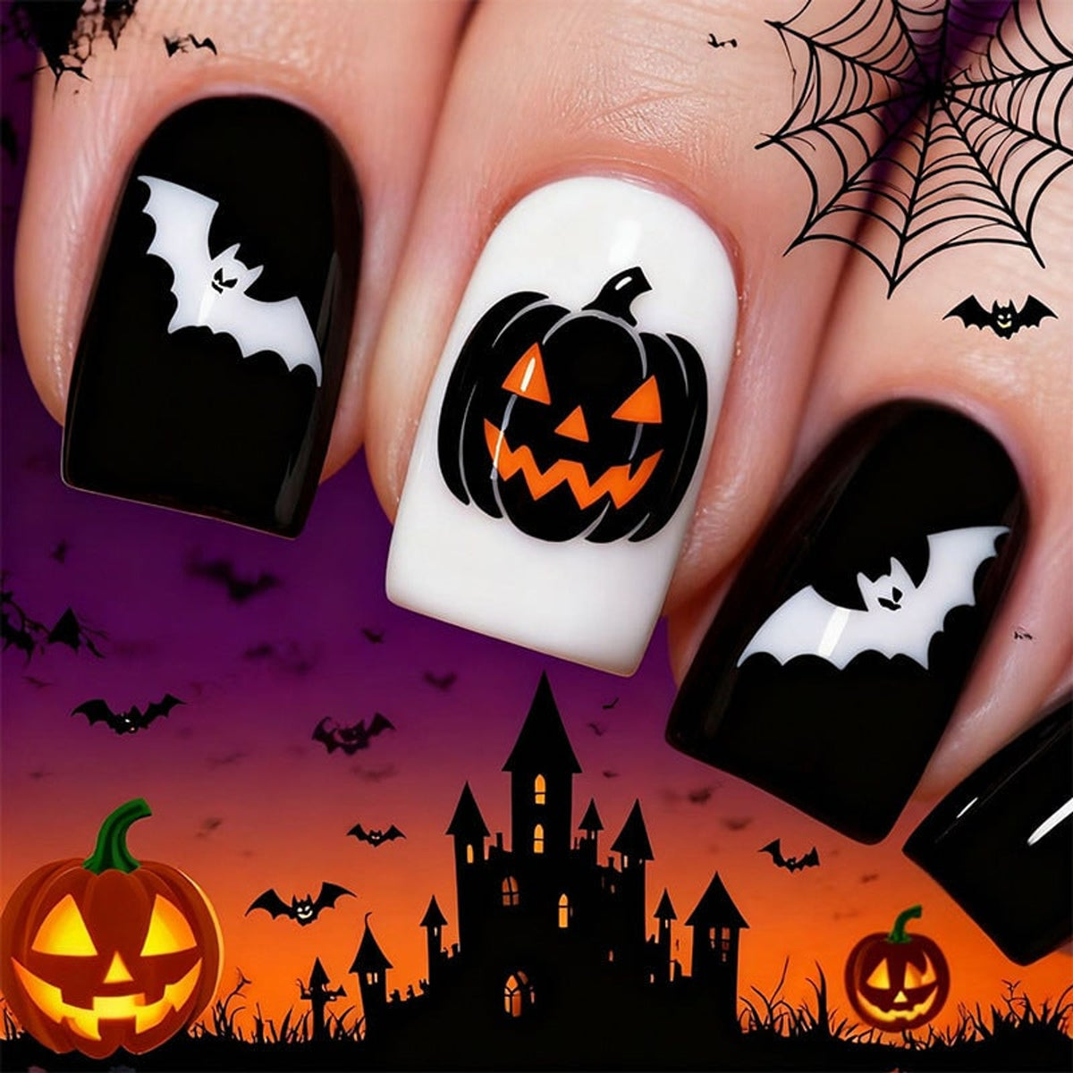 Halloween Press On Nails With Spooky Bat & Pumpkin Art Designs - Image 3