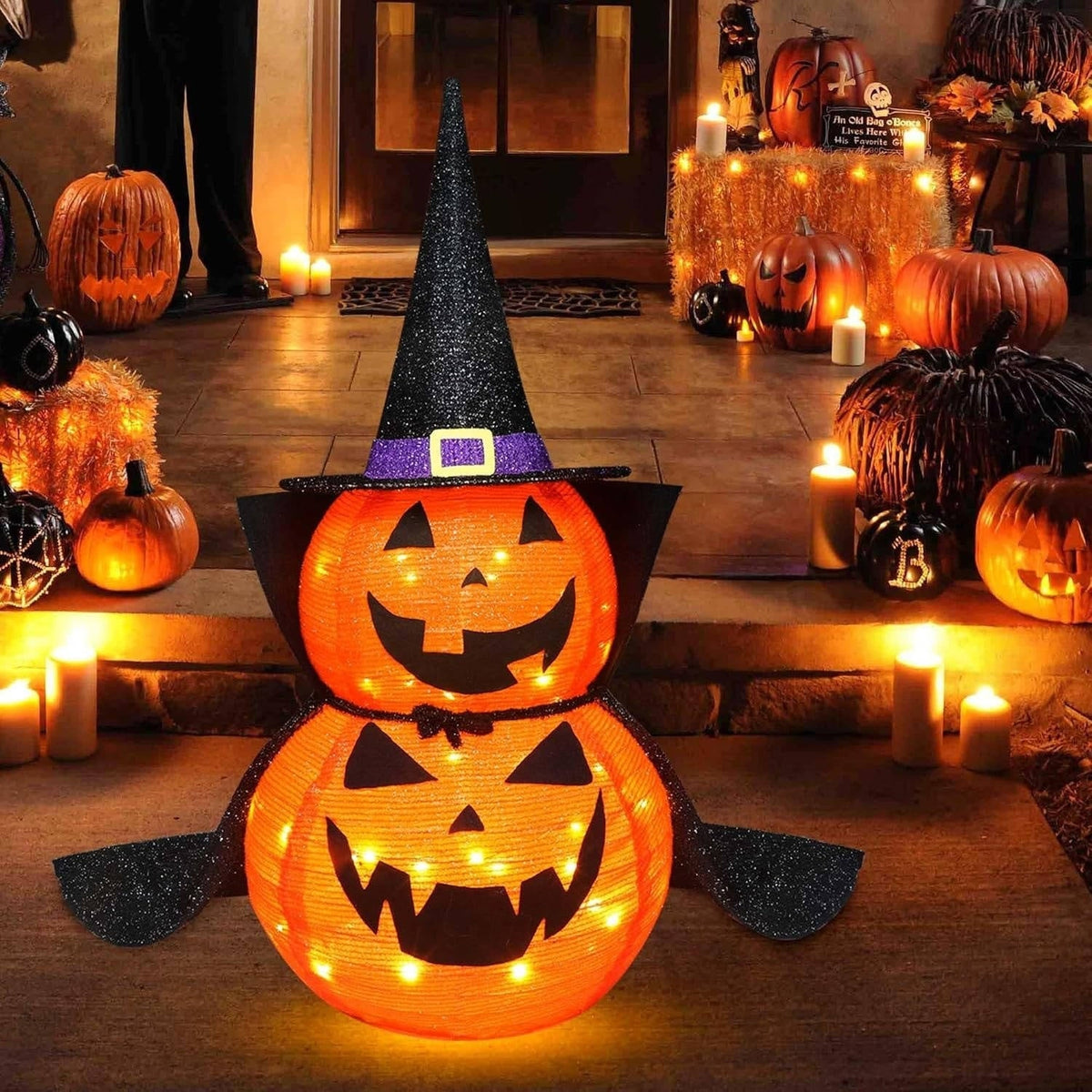 Halloween Pumpkin Decoration Lighted Witch Stacked Set For Outdoor Garden Decor Warm White Lights - Image 1