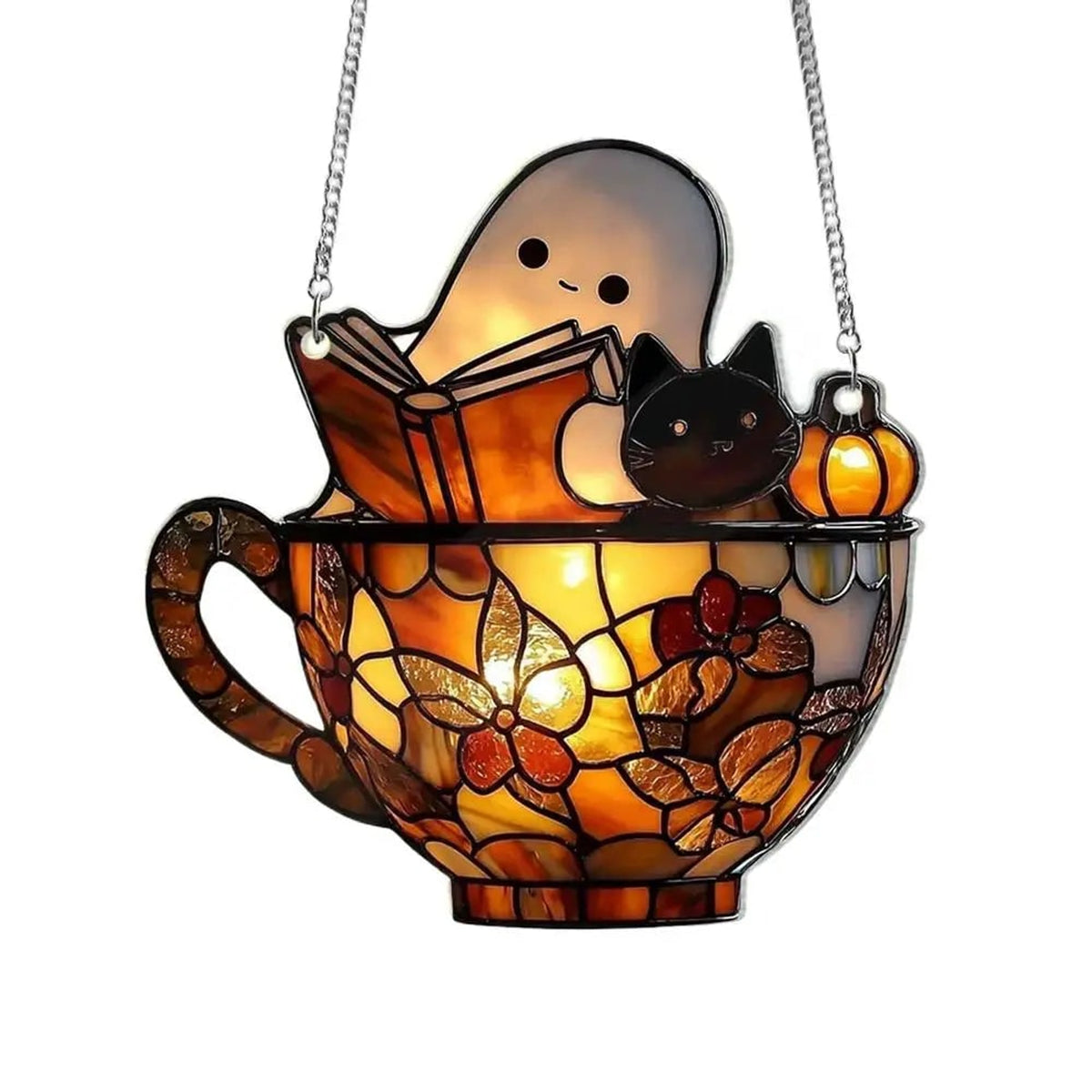 Halloween Suncatcher Ghost Reading Book In Teacup Stained Glass Window Hanging Decoration With Sunlight-Reactive Color Effect For Halloween Decor - Image 4