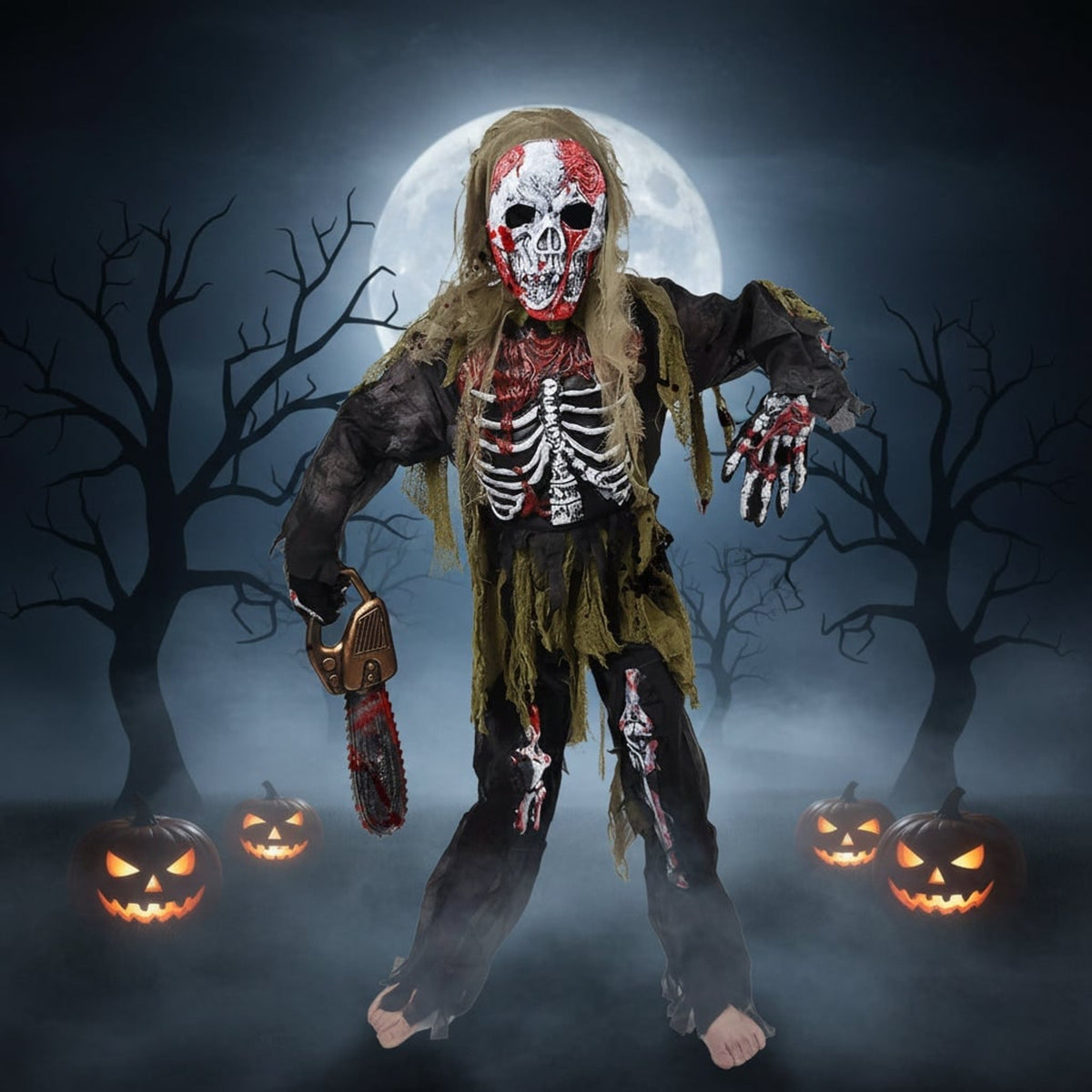 Halloween Zombie Costume For Kids With Skull Mask And Gloves Authentically Spooky Skeleton Design - Image 1