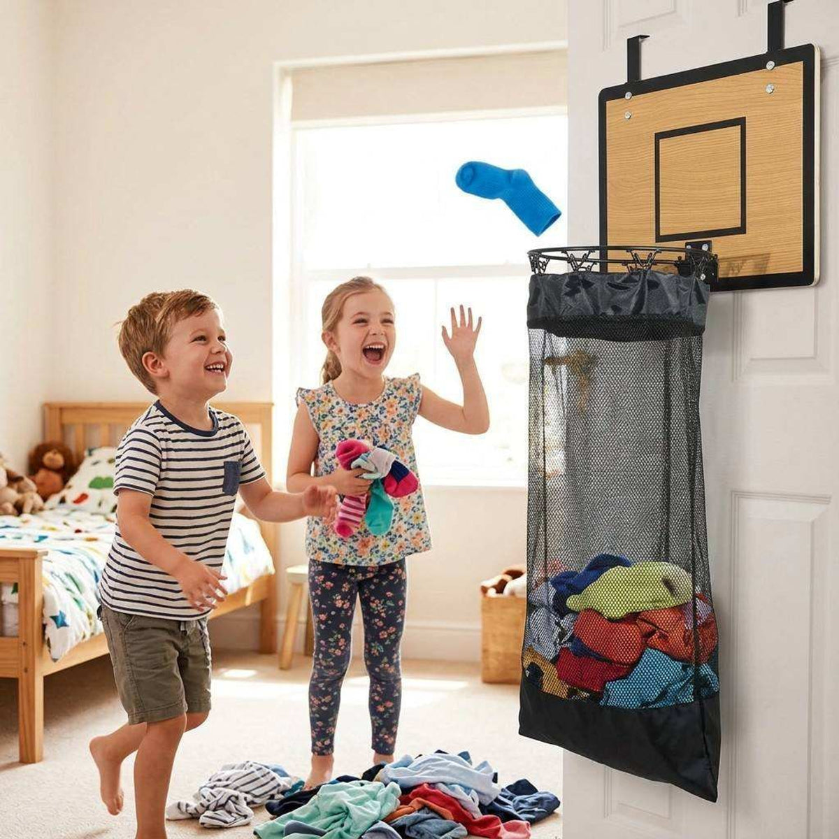 Hanging Storage Organizer With Basketball Hoop Design For Laundry And Toys - Image 5