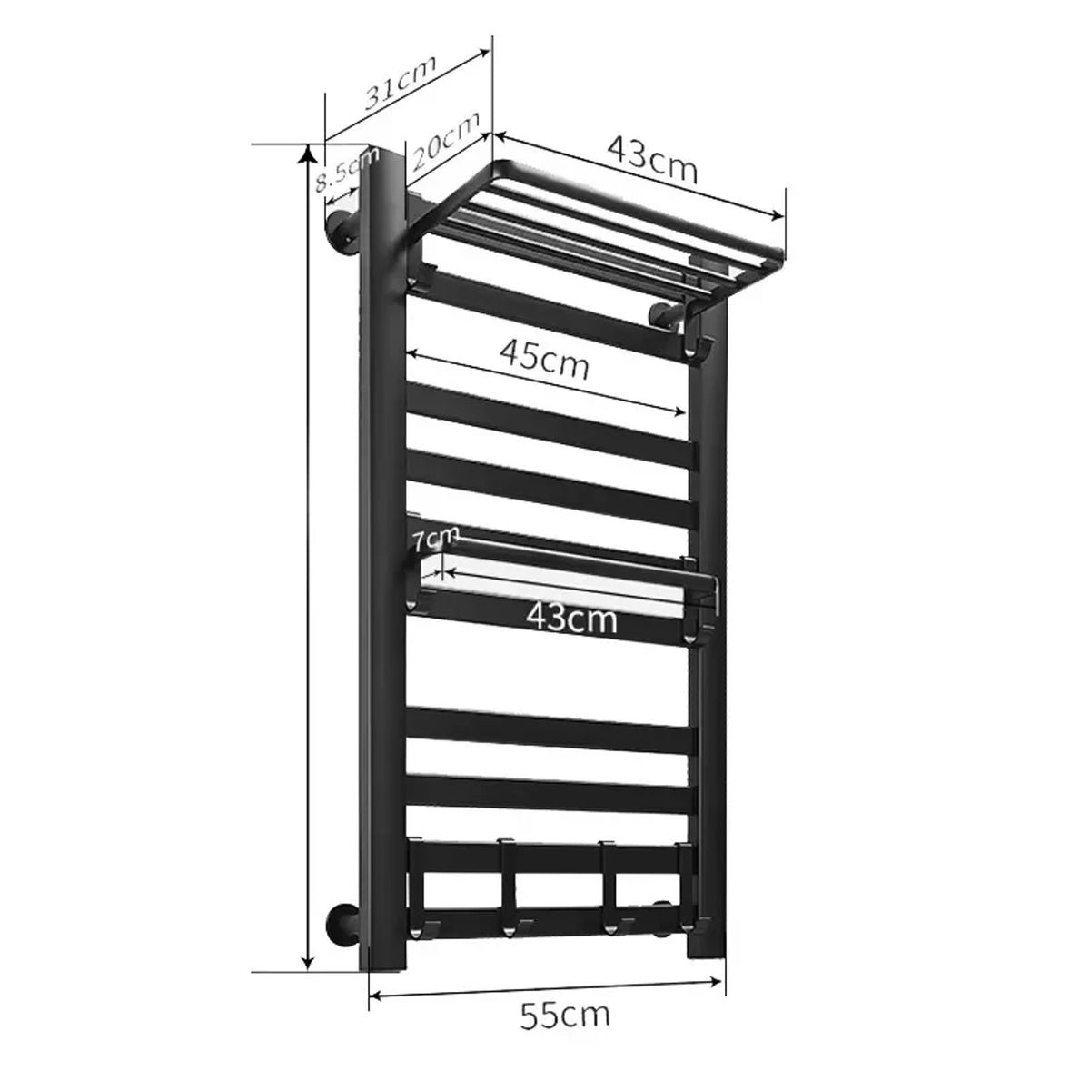 Heated Towel Rail Wall Mounted Electric Warmer With Top Storage Shelf And 5 Hooks Fast Heating - Image 5