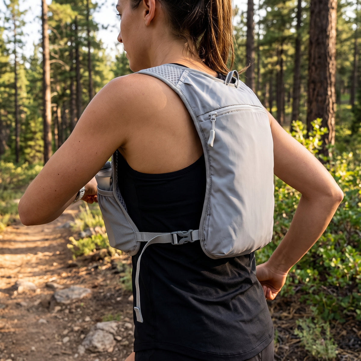 Hydration Backpack with Streamlined Running Pack and Zippered Front - in-use