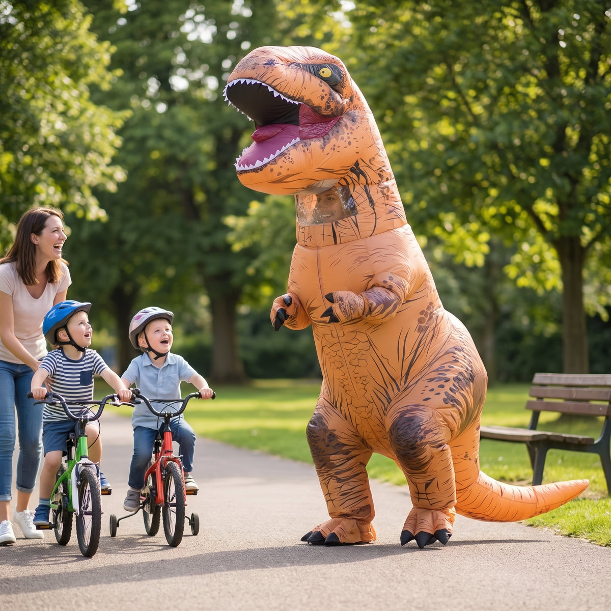 Halloween Dinosaur Inflatable Costume With Built-In Fan Blow Up T-Rex Outfit For Adults Instant Inflation Full-Body Design - in-use