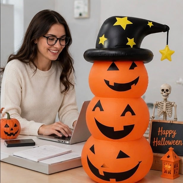 Inflatable Halloween Decoration Stacked Pumpkins With Witch Hat Orange Black Yellow Stars Outdoor Yard - Image 10