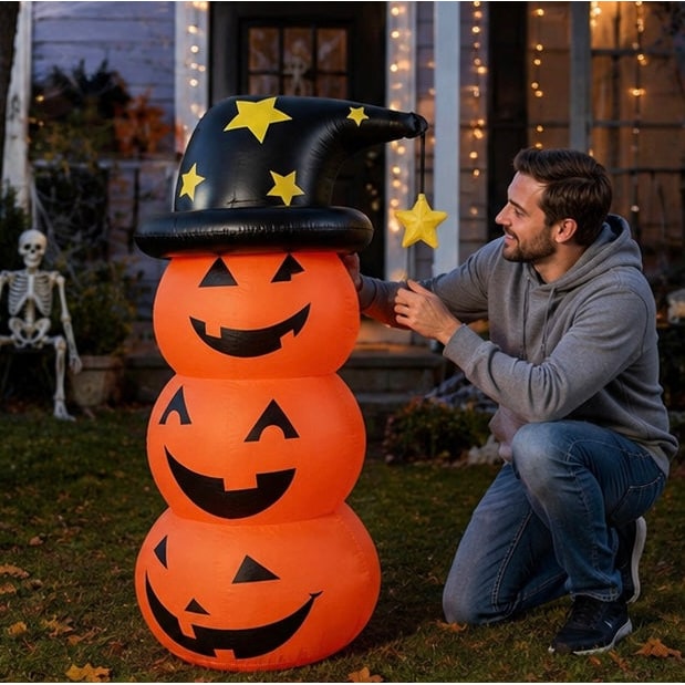 Inflatable Halloween Decoration Stacked Pumpkins With Witch Hat Orange Black Yellow Stars Outdoor Yard - Image 11