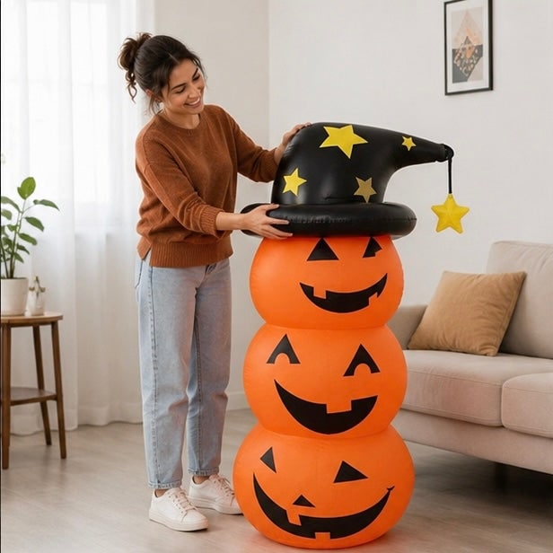 Inflatable Halloween Decoration Stacked Pumpkins With Witch Hat Orange Black Yellow Stars Outdoor Yard - Image 13