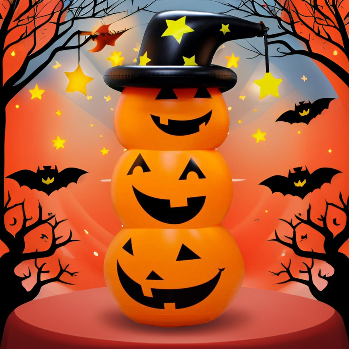 Inflatable Halloween Decoration Stacked Pumpkins With Witch Hat Orange Black Yellow Stars Outdoor Yard - Image 2