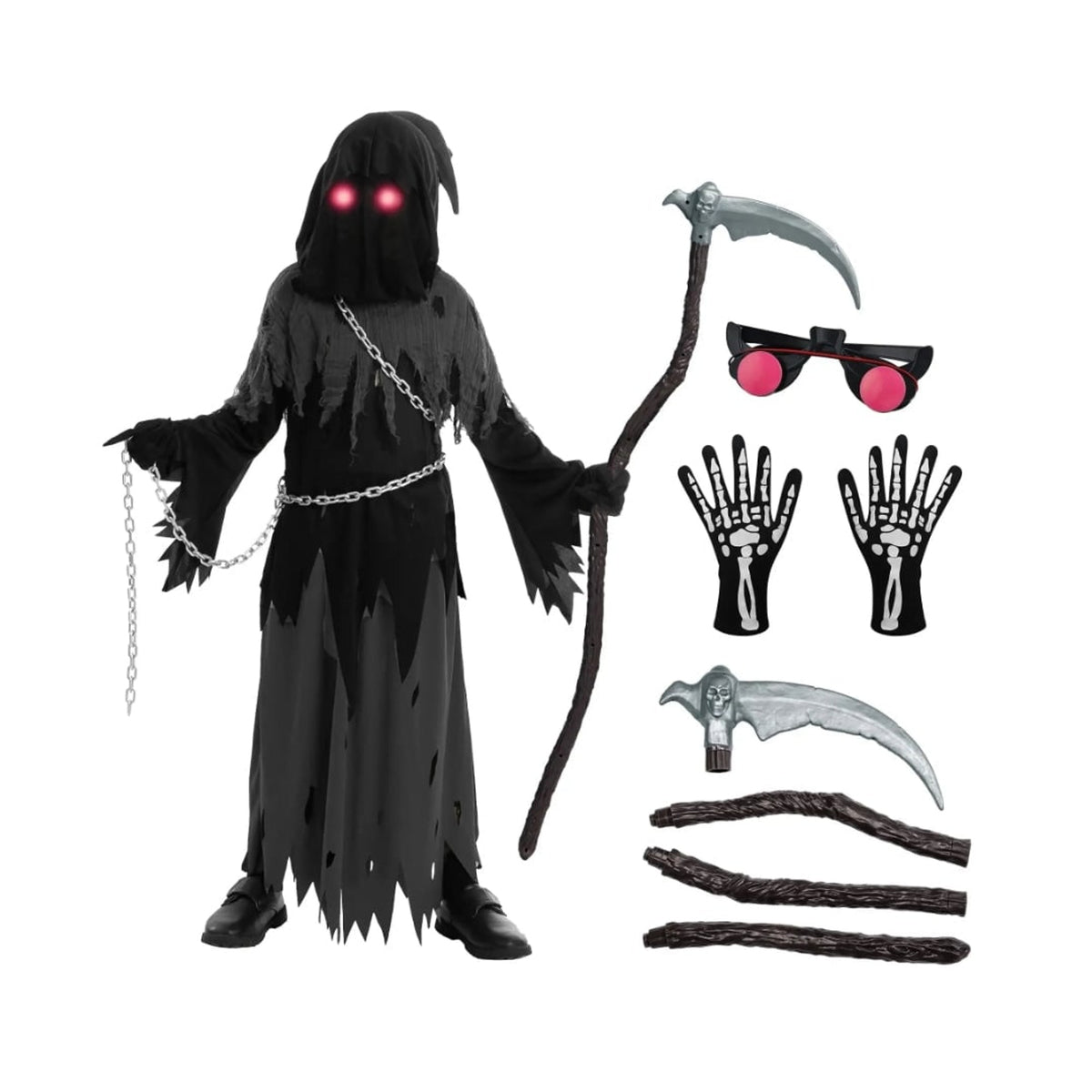 Kids Halloween Costume Grim Reaper Hooded Robe Set With Glowing Eyes And Complete Accessories - Image 4