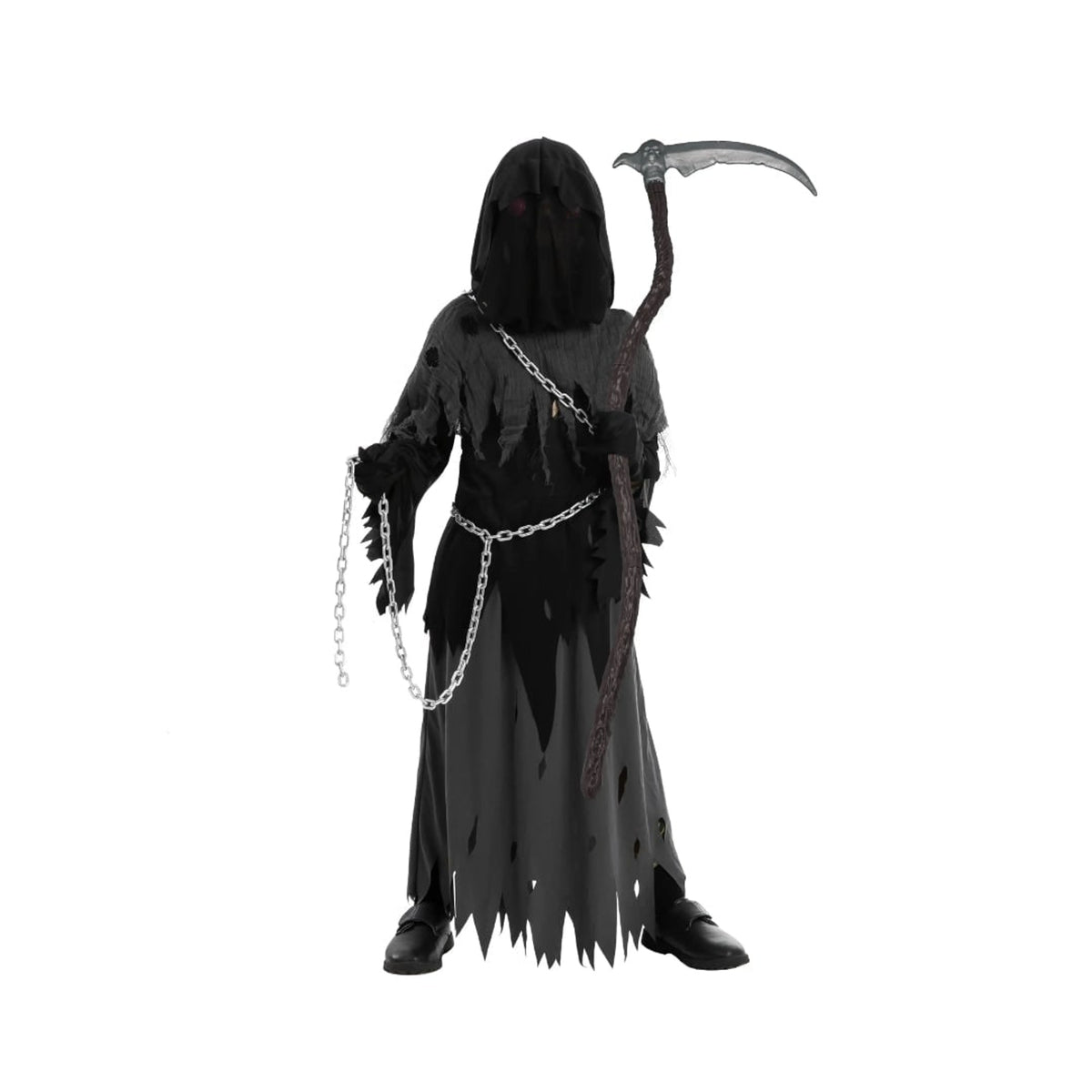 Kids Halloween Costume Grim Reaper Hooded Robe Set With Glowing Eyes And Complete Accessories - Image 8