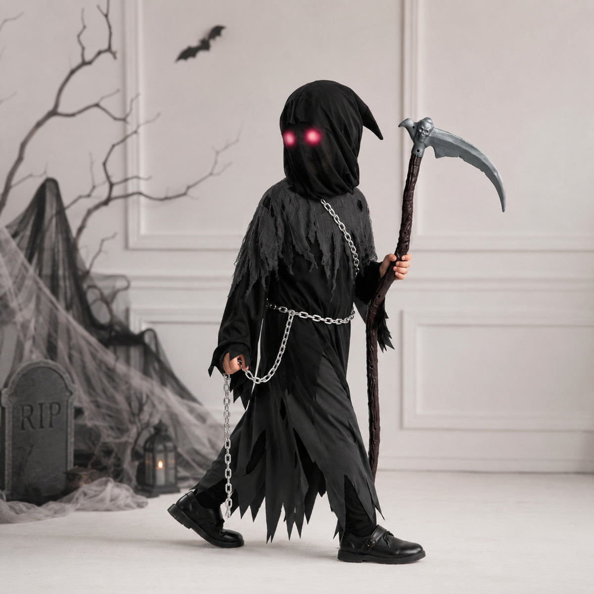 Kids Halloween Costume Grim Reaper Hooded Robe Set With Glowing Eyes And Complete Accessories - Image 1