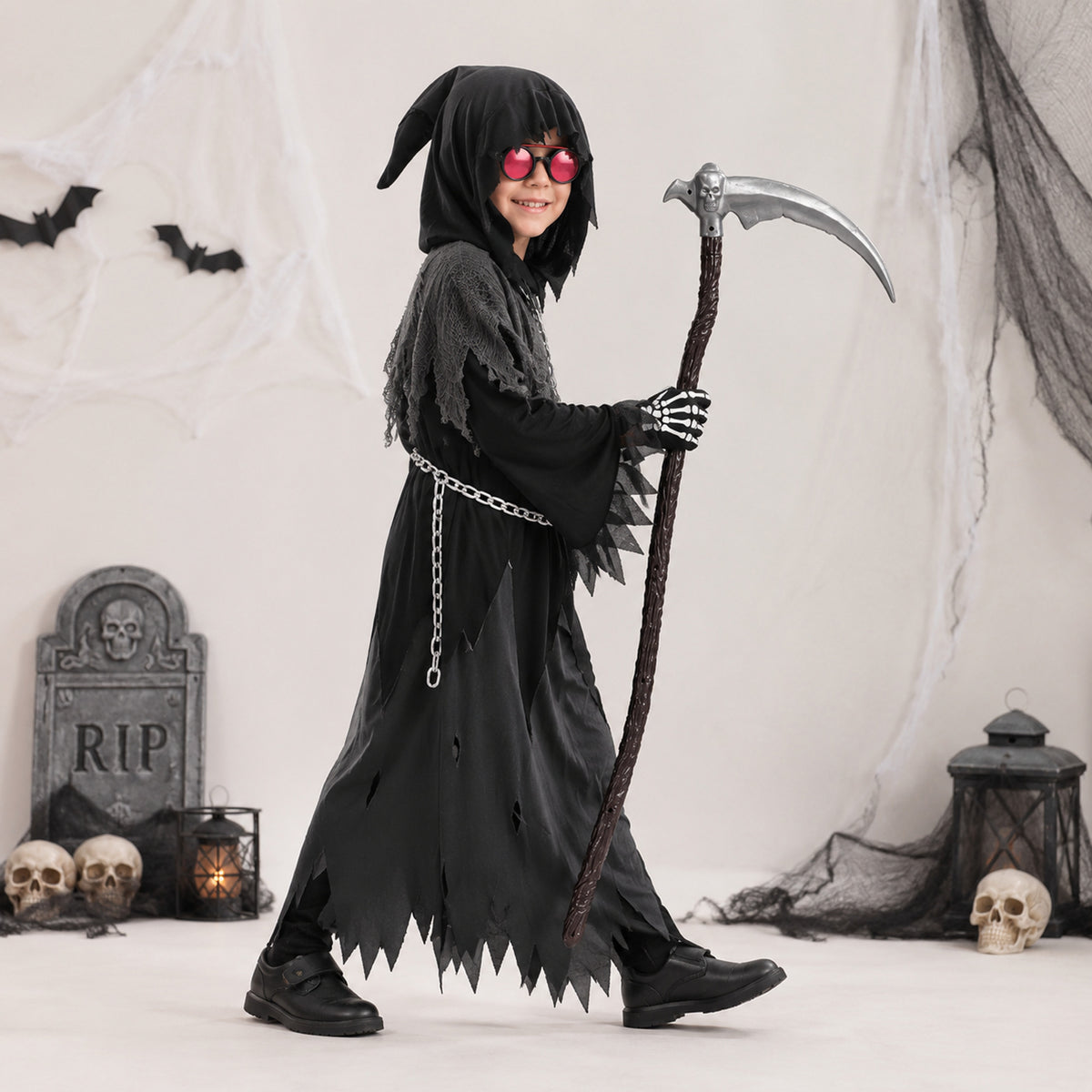 Kids Halloween Costume Grim Reaper Hooded Robe Set With Glowing Eyes And Complete Accessories - Image 2