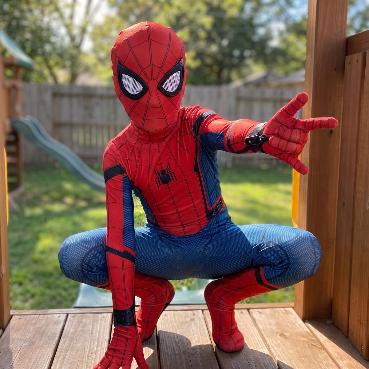 Superhero Costume Halloween Cosplay Jumpsuit With Mask Red Blue Web Pattern - Image 3