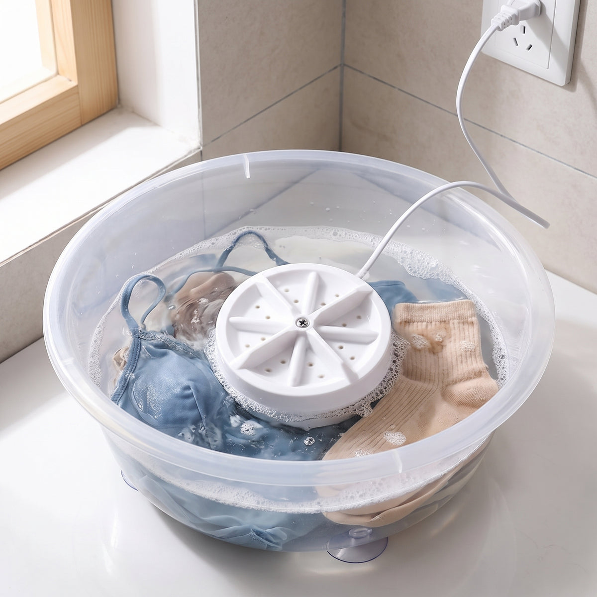 Mini Portable Washing Machine White USB Powered Delicates - in-use